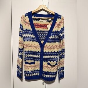 Coincidence and chance by Anthropologie Blue and Cream Geometric Cardigan
